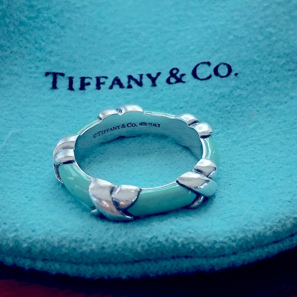RARE! Tiffany & Co. Sterling Silver Blue Enamel Signature Ring - Picture 1 of 8
